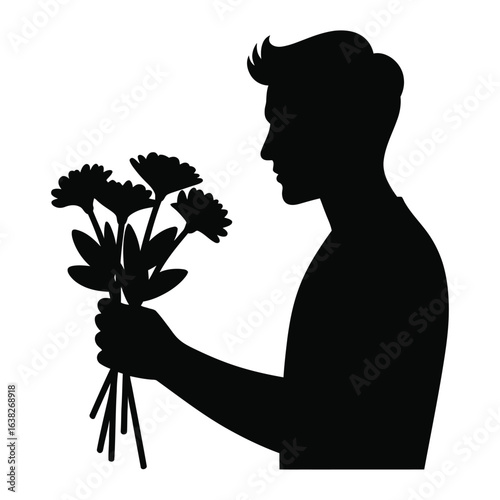 Man holding bouquet of flowers silhouette vector