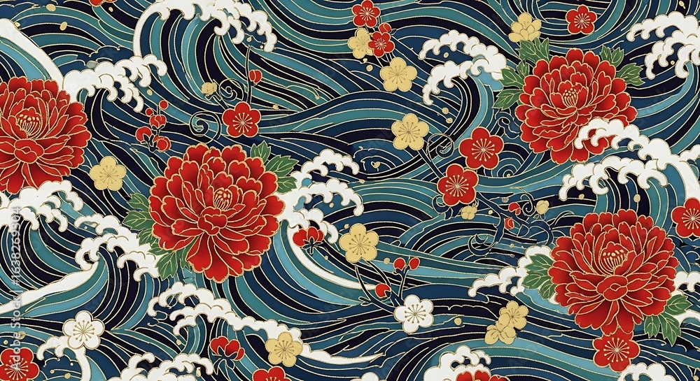 Naklejka premium Ukiyo‑e Wave with Peonies — Traditional Japanese Floral Pattern 