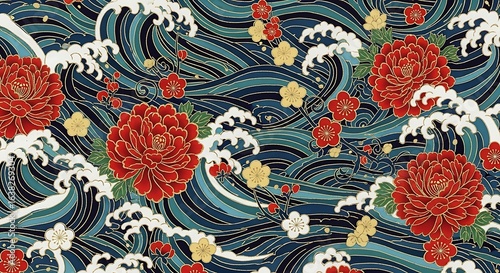 Ukiyo‑e Wave with Peonies — Traditional Japanese Floral Pattern
