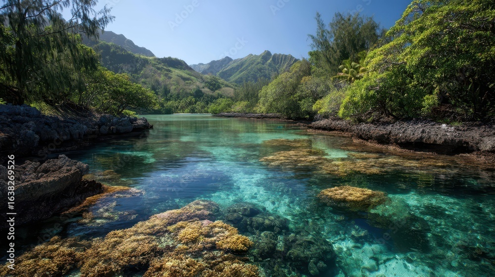 Serene Lagoon Surrounded by Lush Vegetation and Coral Reefs Serene Lagoon Surrounded by Lush Vegetation and Coral Reefs