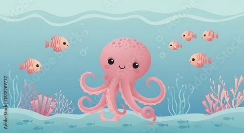 Kawaii Pink Octopus — Cute Underwater Nursery Illustration
