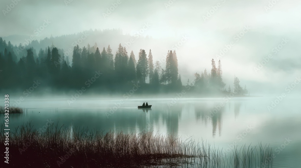 Fototapeta premium Serene Misty Lake with Soft Tones and Tranquil Reflections