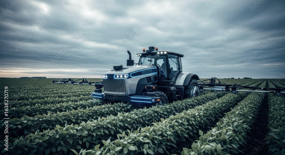 Obraz premium Modern agricultural tractor working in vast green soybean field under dramatic cloudy sky, showcasing advanced farming technology and machinery in action