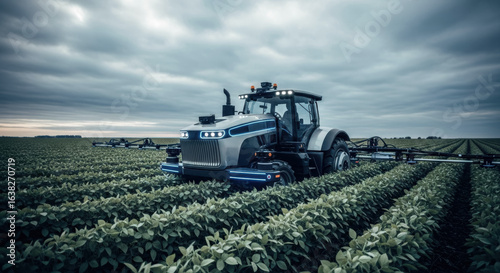 Modern agricultural tractor working in vast green soybean field under dramatic cloudy sky, showcasing advanced farming technology and machinery in action