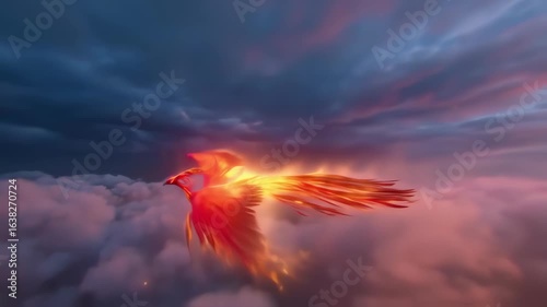 Fiery Phoenix Soaring Through Clouds: Animated Mythical Bird