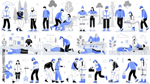 Illustration showing various first aid scenarios and emergency response situations in an outdoor setting silhouette