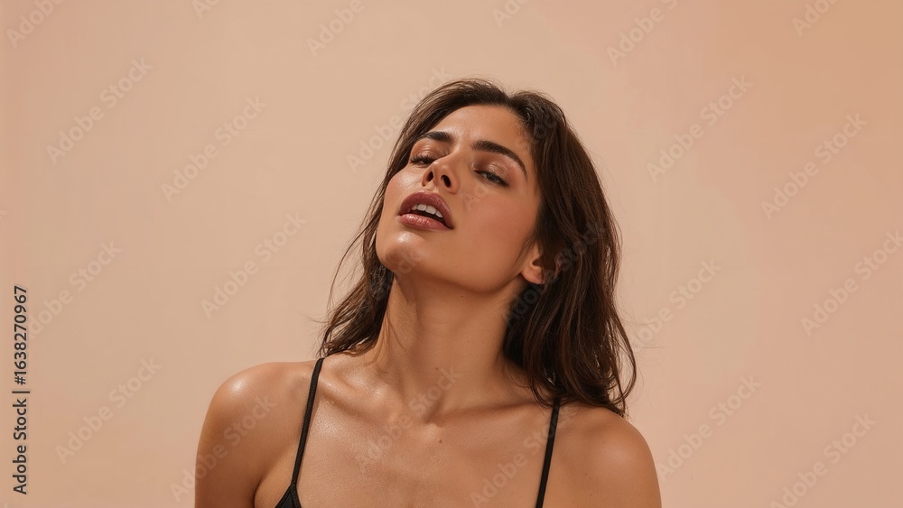 Fototapeta premium A beautiful and sensual portrait of a woman with her head tilted back in pleasure or relaxation. A concept for skincare, wellness, and sensory experience