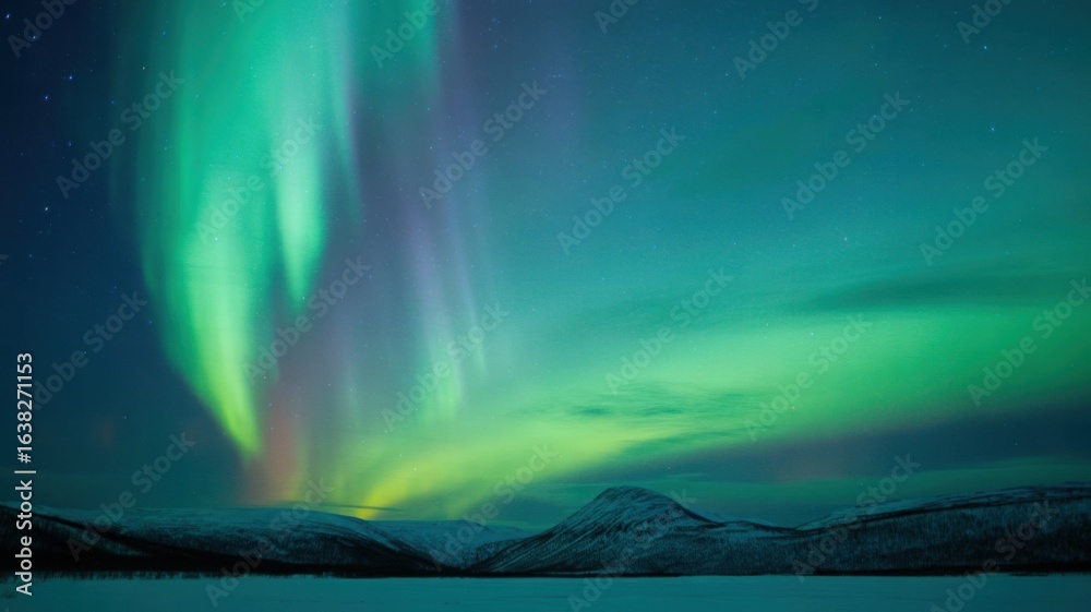 Naklejka premium Stunning Aurora Borealis displays over a snowy landscape.