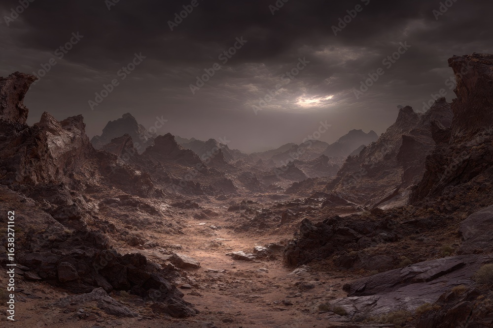 Naklejka premium Desert alien landscape under stormy sky