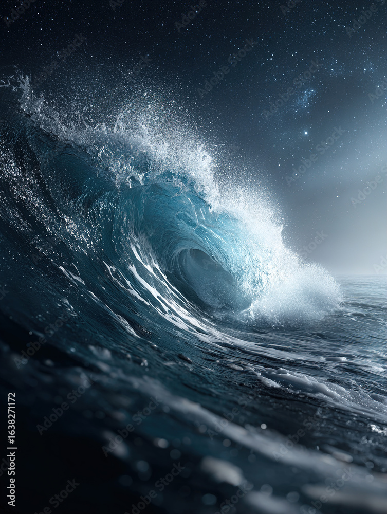 Fototapeta premium Mesmerizing Ocean Wave Under Starry Night Sky Capturing Nature's Majesty