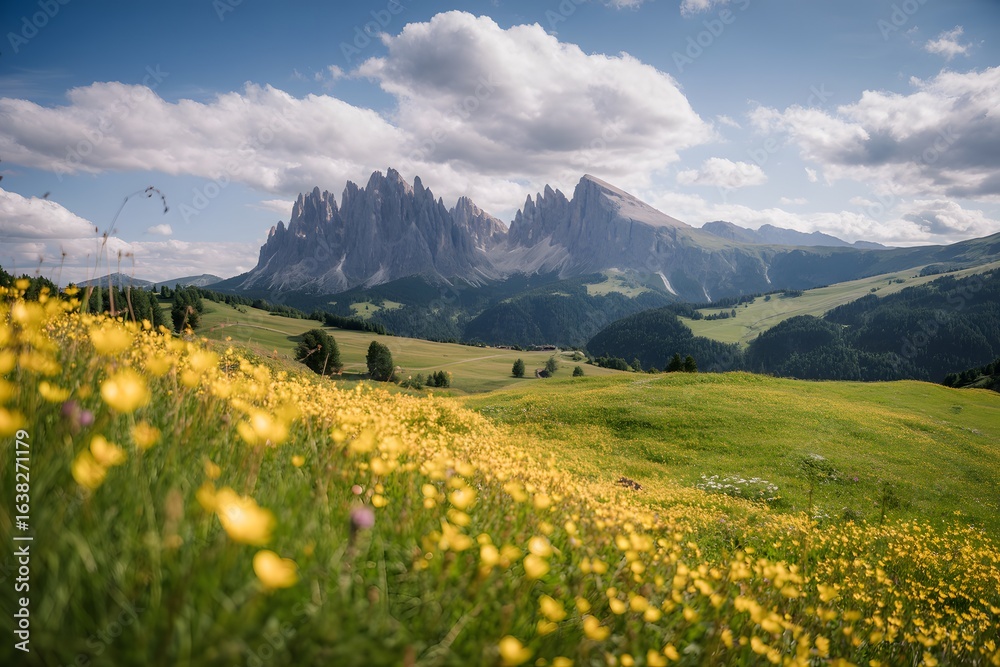Fototapeta premium Stunning Dolomites mountains vista with vibrant wildflowers meadow in summer sunshine