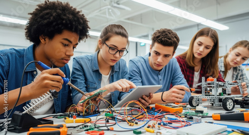 Group of diverse students engaged in electronics project, collaborating on circuit board with tools and components spread across table, showcasing teamwork and innovation in learning environment