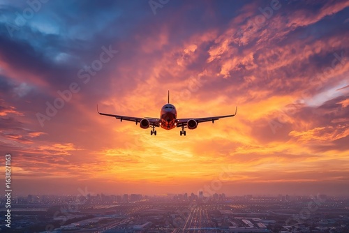 A passenger plane descends at sunset cityscape below