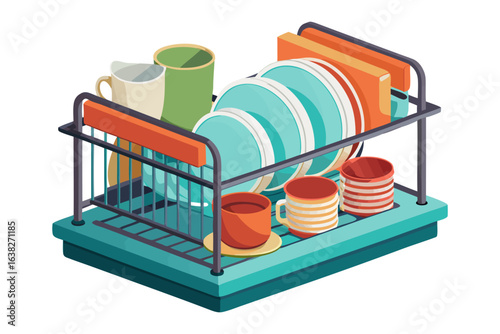 Clean Dishware in a Rack: A visually appealing illustration of freshly washed dishware neatly arranged in a dish rack, ready for use. Showing organized tableware, clean tableware.