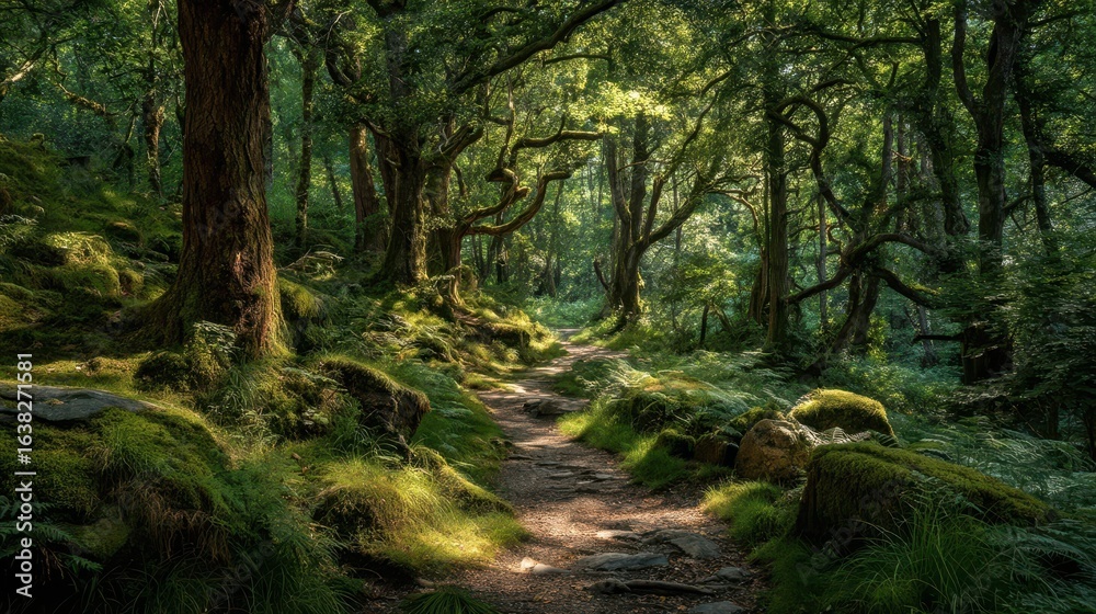 Fototapeta premium Sacred Forest Path with Whispering Spirits in Serene Environment