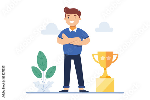 Confident Victory: A poised individual exudes confidence beside a triumphant golden trophy, symbolizing the pinnacle of accomplishment and the sweetness of success. 
