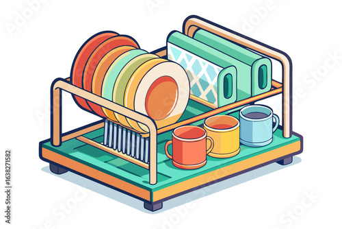 Dish Rack Harmony: A tidy arrangement of plates, cups and cutting boards within a stylish dish rack, creating a colorful and organized scene. 