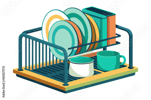 Dish Rack with Tableware: A meticulously arranged dish rack holds clean plates, bowls, and a mug, showcasing an organized and tidy culinary space. 