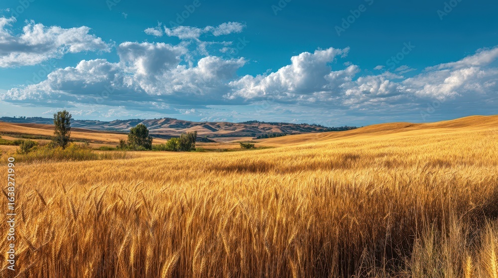 Fototapeta premium Scenic Golden Wheat Fields Under Blue Sky with Fluffy Clouds