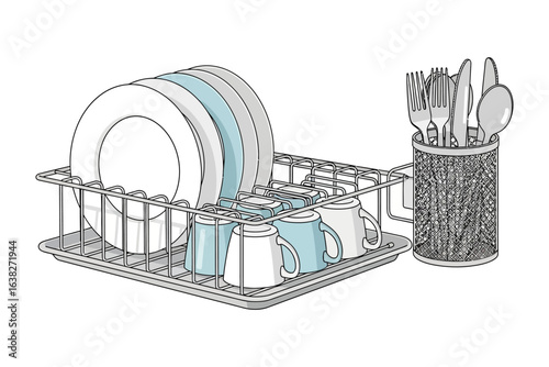 Dish Rack Arrangement: A neatly organized dish rack showcases an array of clean dishes, including plates, cups, and silverware, ready for use, emphasizing cleanliness and order.