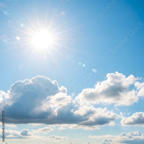Brilliant sun shining high in a clear blue summer sky with fluffy white clouds, a symbol of clear weather and good air quality.