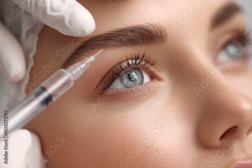 A person receiving an eyebrow injection with a syringe