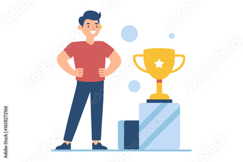 Champion's Gaze: A confident individual stands beside a triumphant trophy, a symbol of success and achievement, with an illustration style that speaks of focus and resolve.