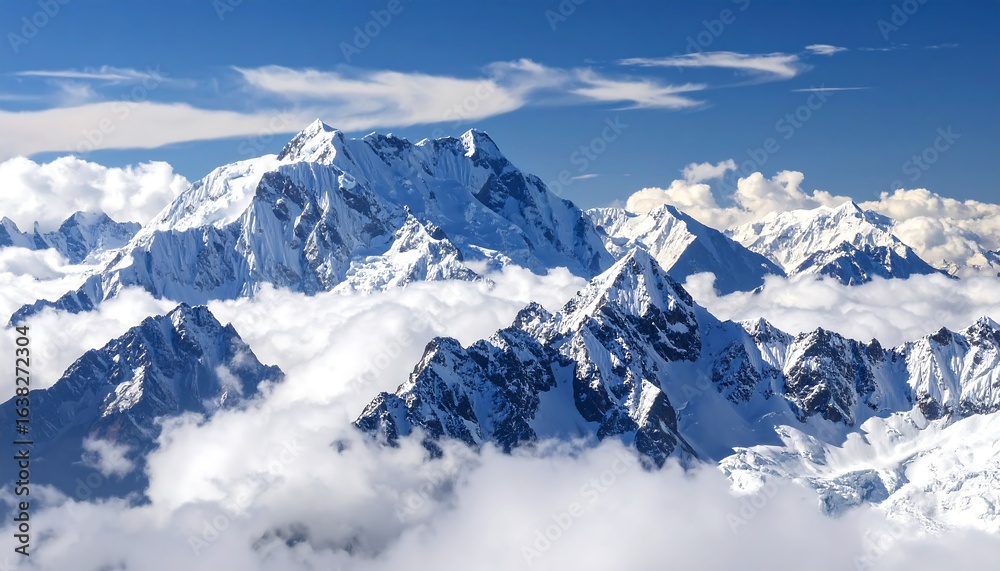 Obraz premium Snowy mountain peaks above clouds