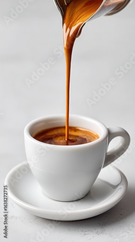Espresso Pouring into White Cup and Saucer