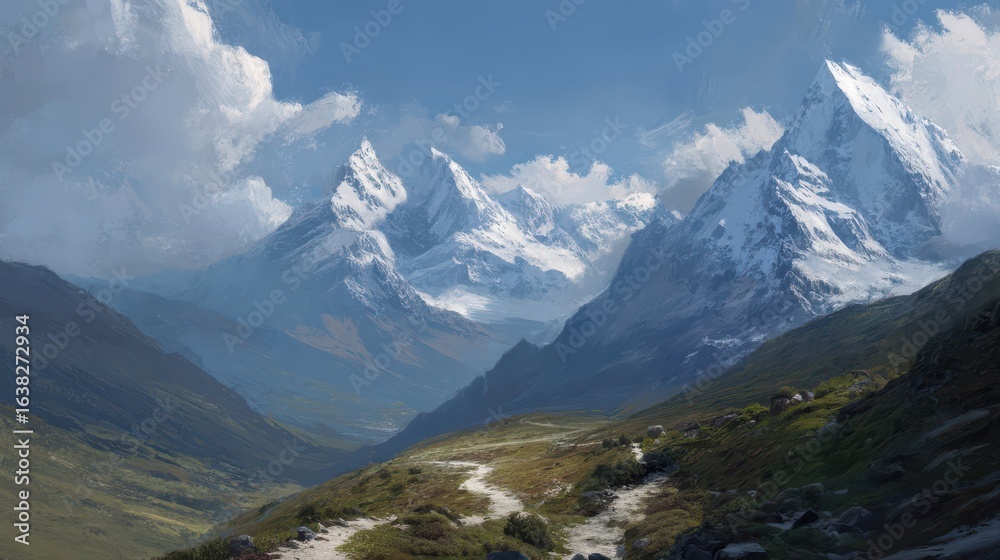 Fototapeta premium Snow Capped Peaks with Valley and Trail Below in Serene Landscape