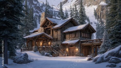 Wallpaper Mural Cozy Wooden Lodge Surrounded by Snowy Mountain Landscape Torontodigital.ca