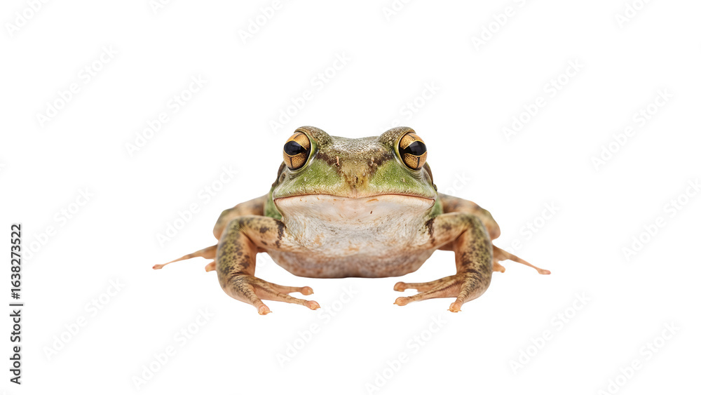 Fototapeta premium Closeup green frog facing camera on the transparent background, amphibian portrait, nature, wildlife, animal, macro, isolated, detailed texture