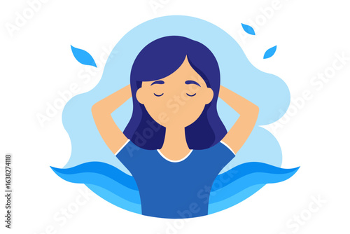 Tranquil Moment of Serenity: A woman embodies serenity and self-care, taking a break in peaceful embrace of calmness. Her eyes closed in blissful meditation, surrounded by soft.