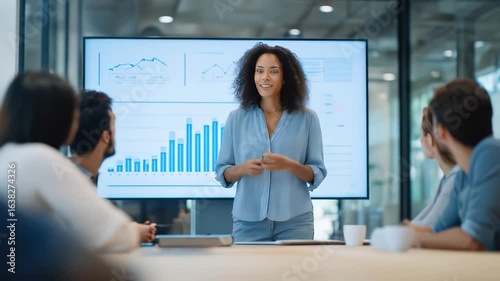Professional Woman Presenting Business Data to Team in Modern Office Environment with Graphs on Display Screen