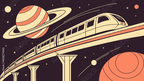 Retro-futuristic monorail train gliding between planets connected by glowing bridges, stars twinkling, vector with bold clean shapes.