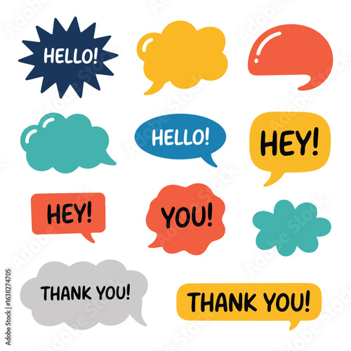 Colorful hand drawn speech bubbles with greetings and thanks conversation communication