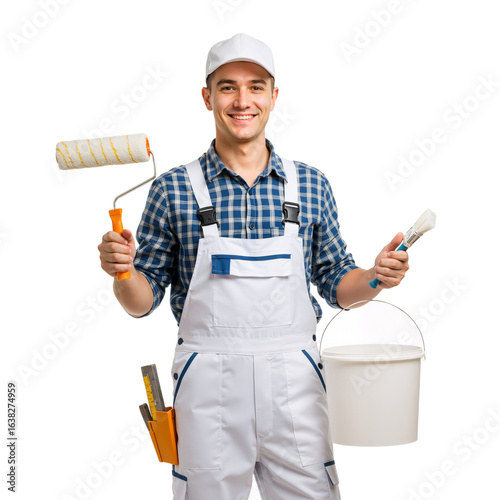 Professional smiling house painter in overalls holding a roller and brush, ready for home renovation service.