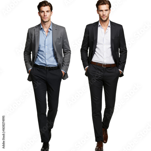 Two handsome professional men in stylish business casual attire walk confidently forward on a white background