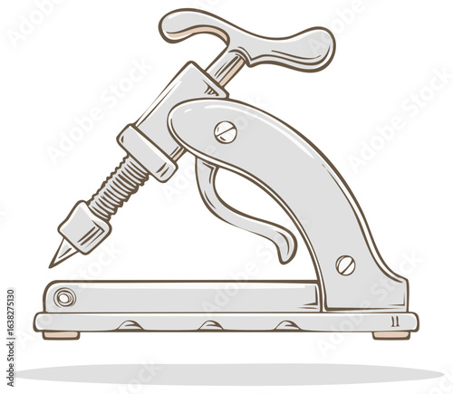 Illustration of a metal grommet press tool used for installing eyelets in fabric or leather crafting handmade materials
