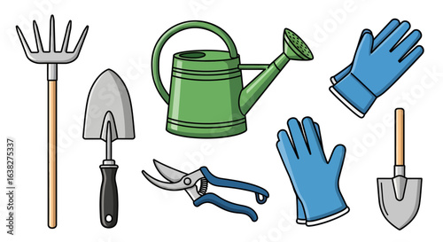 Garden Tools Illustration Watering Can Gloves Shovels and Rake on White Background.