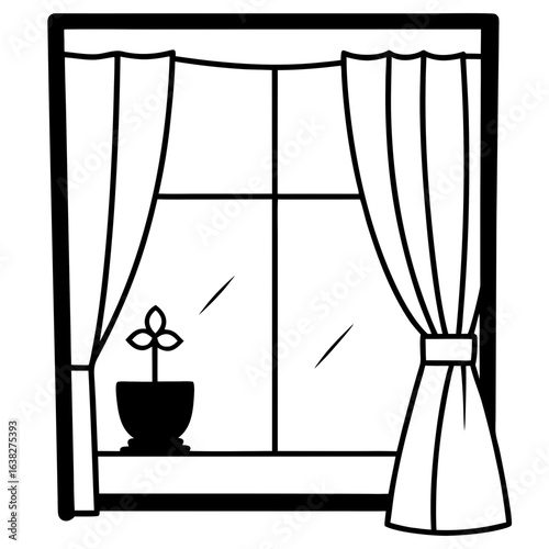Sunlit window with sheer curtains and small flower vase on sill