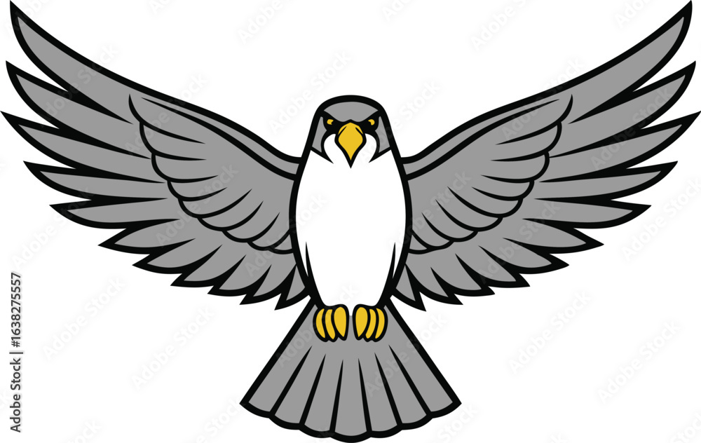 Naklejka premium Grey falcon with wings spread wide yellow eyes and beak, vector illustration