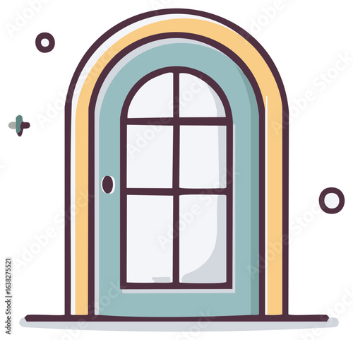 Arched window icon illustration with frame, light blue, yellow and gray colors, vintage style, isolated on white background