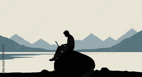 Silhouette of Man Working on Laptop in Nature.
