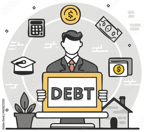 Person managing financial burdens education mortgage and money concepts illustration