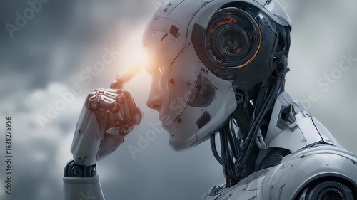 Futuristic humanoid robot with a thoughtful expression, metallic design against a dramatic background of light and shadows
