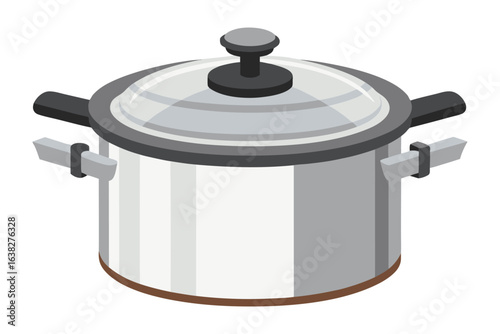 Shiny Cooking Pot: This image features a gleaming, silver cooking pot, complete with a glass lid and sturdy handles, ready for culinary endeavors.