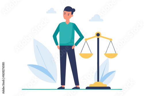 Person and Law: An illustration of a person standing near a balance scale, symbolizing justice and law.