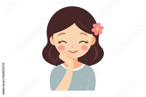 Happy girl with Flower: A cute illustration girl with radiant expression, showcasing joy and innocence, accentuated by a subtle floral embellishment