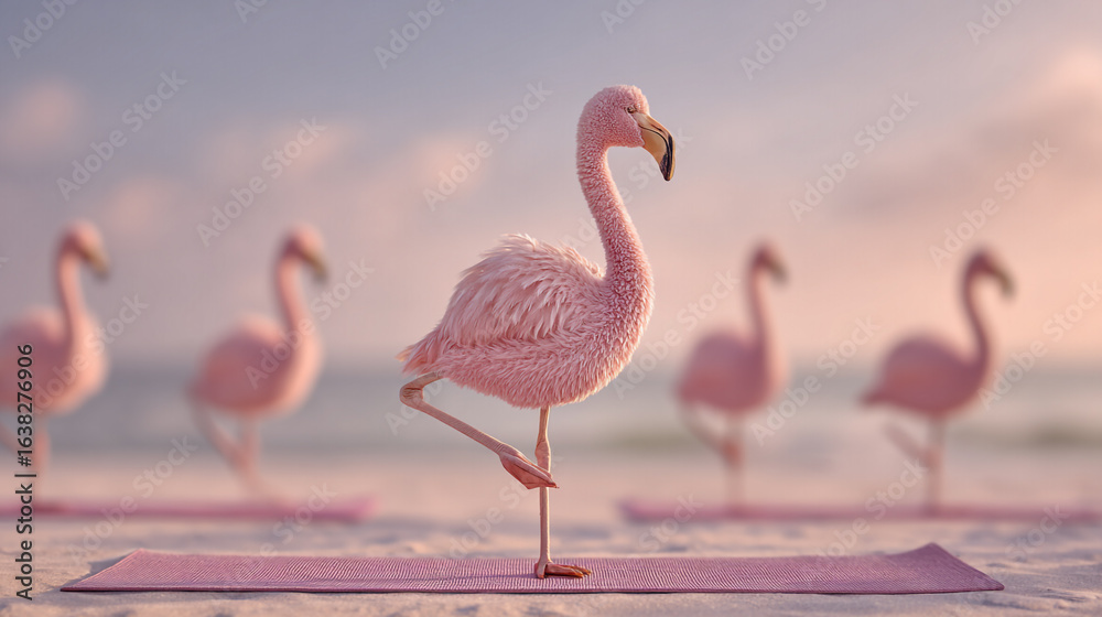 Fototapeta premium Pink Flamingo Doing Yoga Pose on Beach at Sunset